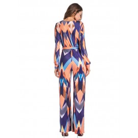 Women Long Sleeve Stripe Printed Belted V-neck Jumpsuits