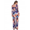 Women Long Sleeve Stripe Printed Belted V-neck Jumpsuits