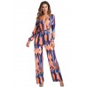 Women Long Sleeve Stripe Printed Belted V-neck Jumpsuits