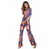 Women Long Sleeve Stripe Printed Belted V-neck Jumpsuits