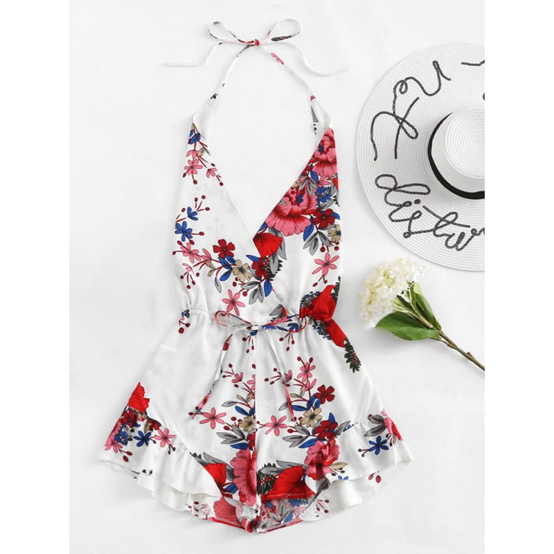 Sexy Backless Halter Floral Printed Bohemian Short Jumpsuits