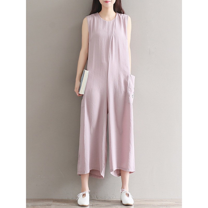 Women Vintage Sleeveless Pocket Back Zipper Wide Leg Jumpsuits