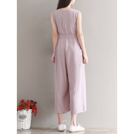 Women Vintage Sleeveless Pocket Back Zipper Wide Leg Jumpsuits