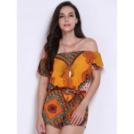 Women Casual Vintage Folk Off Shoulder Geo Print Short Sleeve Jumpsuit