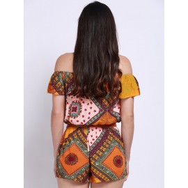 Women Casual Vintage Folk Off Shoulder Geo Print Short Sleeve Jumpsuit