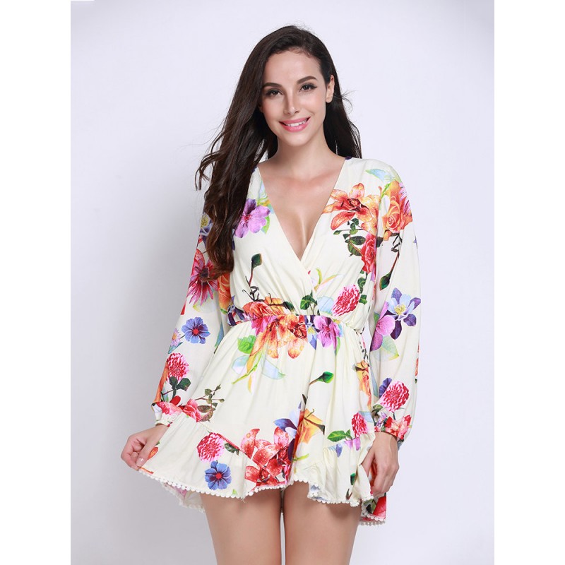 Women V-neck Long Sleeve Floral Printed Jumpsuit