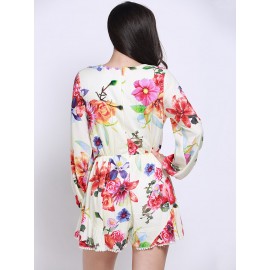 Women V-neck Long Sleeve Floral Printed Jumpsuit