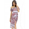 Women Vintage Off-Shoulder Floral Print Slit Half Sleeve Jumpsuit