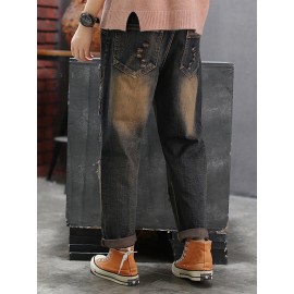 Plaid Embroidered Patchwork Drawstring Jeans For Women