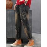 Plaid Embroidered Patchwork Drawstring Jeans For Women