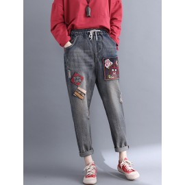 Casual Patchwork Embroidery Elastic Waist Denim