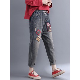 Casual Patchwork Embroidery Elastic Waist Denim