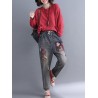 Casual Patchwork Embroidery Elastic Waist Denim