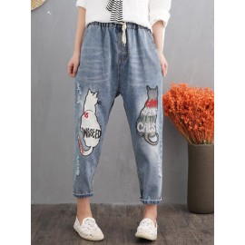 Loose Cat Embroidery Patch Elastic Waist Harem Pants