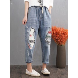 Loose Cat Embroidery Patch Elastic Waist Harem Pants