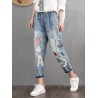 Loose Cat Embroidery Patch Elastic Waist Harem Pants