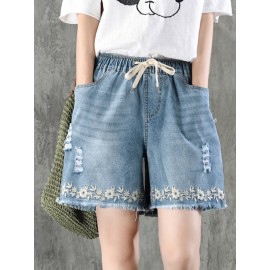 Embroidery Drawstring Ripped Short Jeans