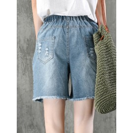 Embroidery Drawstring Ripped Short Jeans