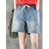 Embroidery Drawstring Ripped Short Jeans