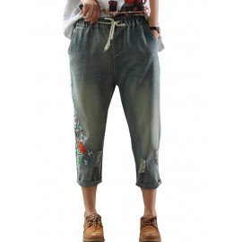 Embroidery Distressed Elastic Waist Pockets Harem Denim