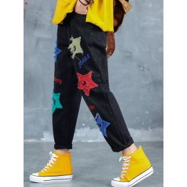 Letter Embroidered Stars Patch Jeans For Women