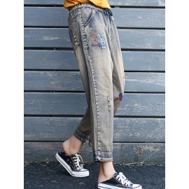 Patch Letters Elastic Waist Casual Denim