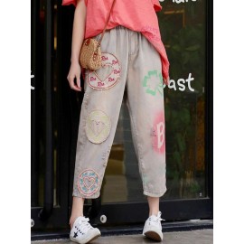 Embroidery Patchwork Elastic Waist Casual Harem Denim