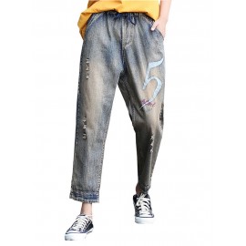 Embroidered Number Casual Loose Harem Jeans