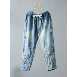 Embroidery Drawstring Waist Ripped Vintage Harem Denim