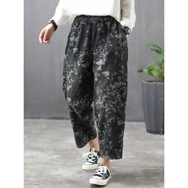 Printed Patchwork Pocket Loose Ankle Length Jeans