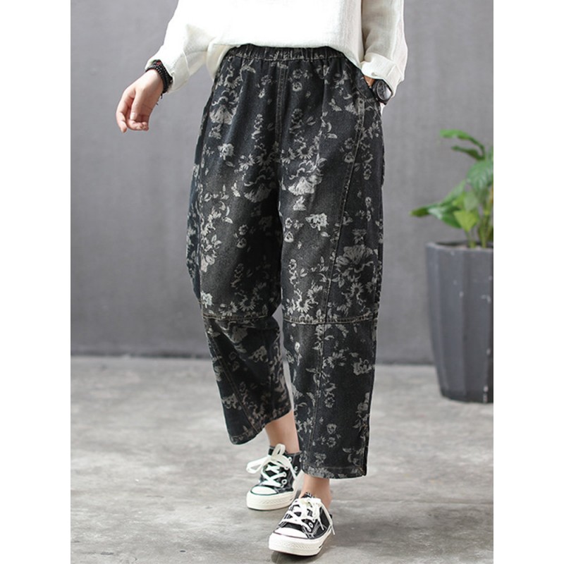 Printed Patchwork Pocket Loose Ankle Length Jeans