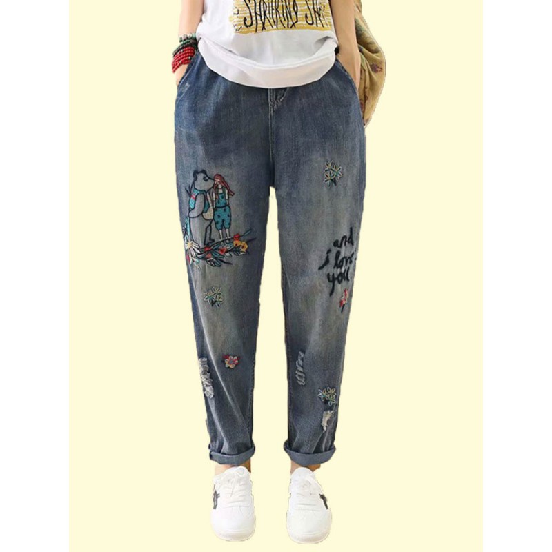 Casual Washed Old Embroidery Beautiful Letters Hole Loose Jeans