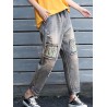 Patch Letters Elastic Waist Harem Denim