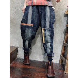 Casual Patch Pockets Elastic Waist Loose Harem Denim