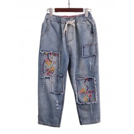 Vintage Embroidered Patch Elastic Waist Denim