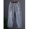 Vintage Embroidered Patch Elastic Waist Denim