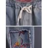 Vintage Embroidered Patch Elastic Waist Denim