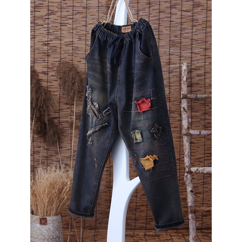 Patch Embroidered Ripped Drawstring Vintage Denim