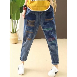 Stripe Embroidered Elastic Waist Ripped Jeans For Women