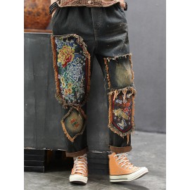 Patchwork Floral Embroidered Jeans For Women