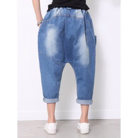 Elastic Waist Solid Color Casual Harem Jeans For Women