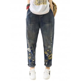 Casual Holes Flowers Embroidery Loose Old Harem Jeans