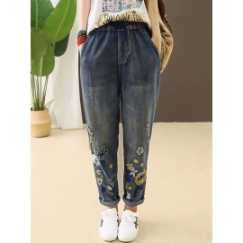 Casual Holes Flowers Embroidery Loose Old Harem Jeans