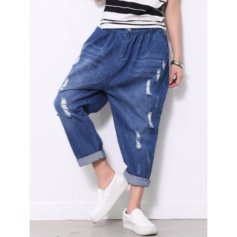 Solid Color Casual Ripped Denim For Women