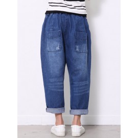 Solid Color Casual Ripped Denim For Women