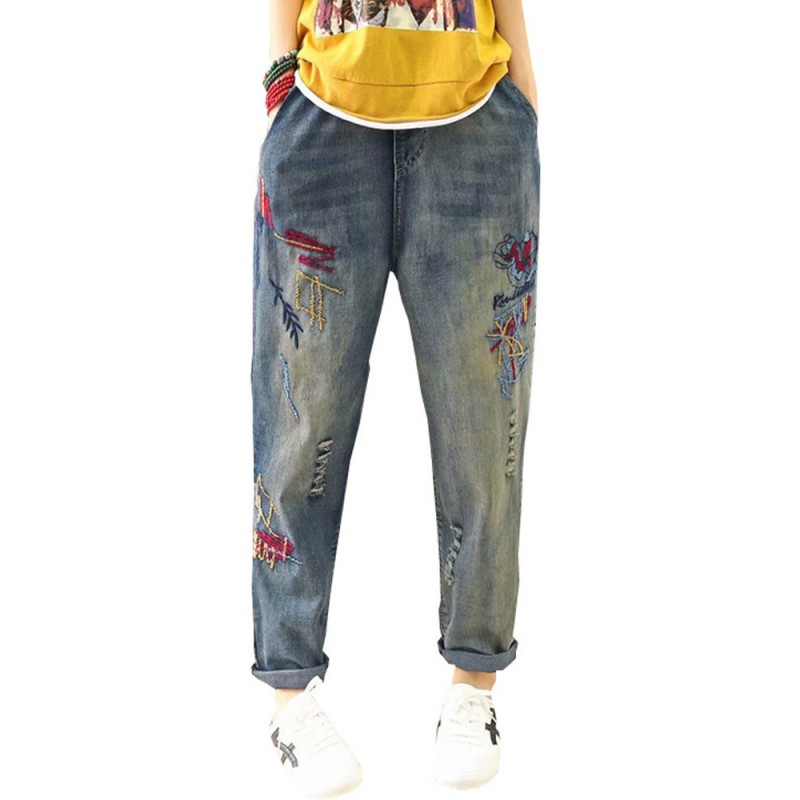 Cartoon Embroidery Loose Harlan Jeans For Women