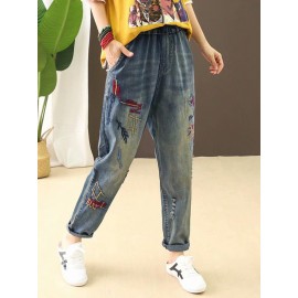 Cartoon Embroidery Loose Harlan Jeans For Women