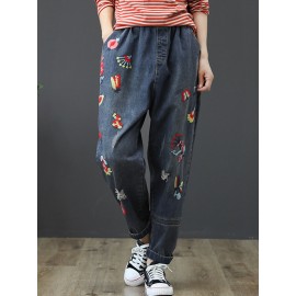 Vintage Embroidery Elastic Waist Harem Denim