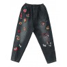 Vintage Embroidery Elastic Waist Harem Denim