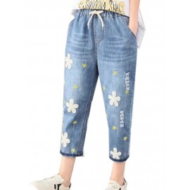 Casual Flower Embroidery Elastic Waist Blue Denim